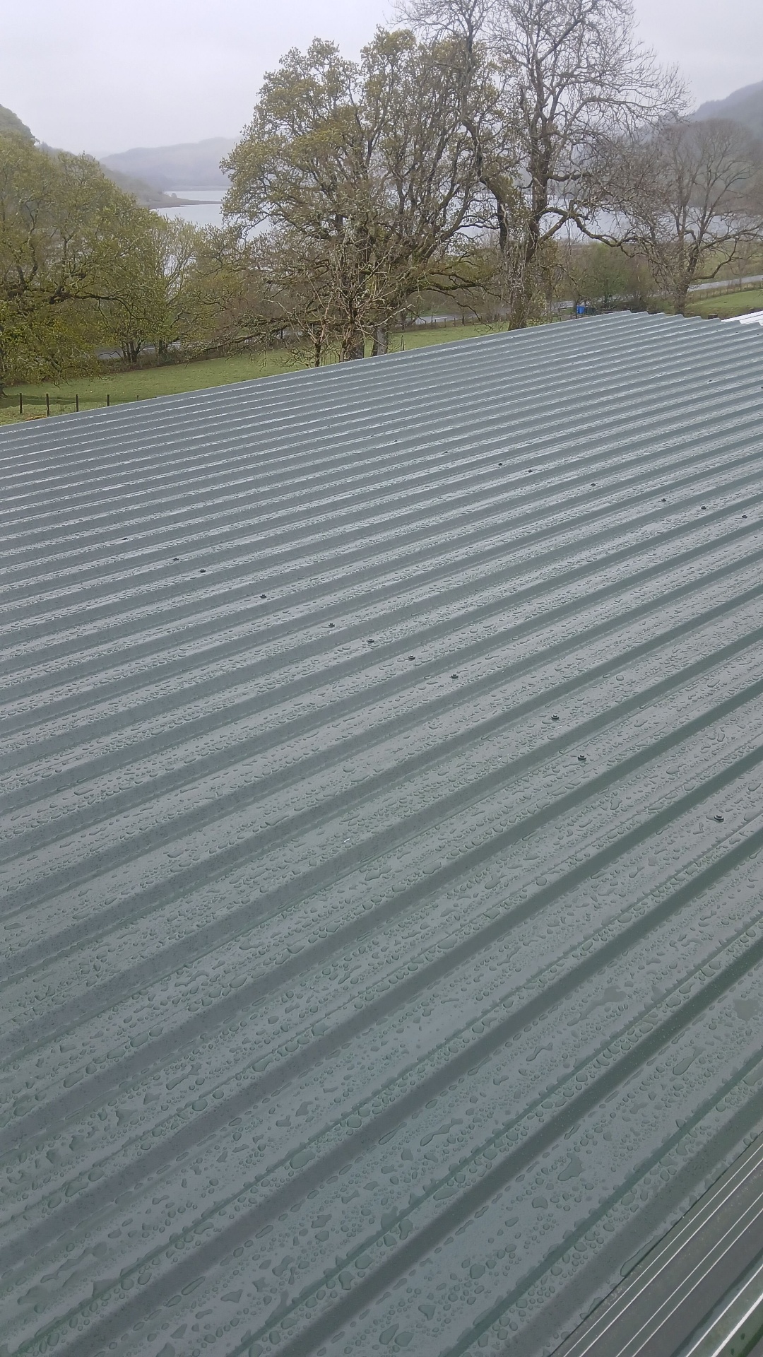 Long-run metal sheet roof installed on a rural building overlooking a loch
